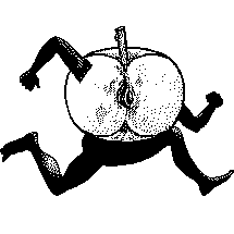 Illustration of a half man, half apple running along jauntily.