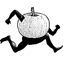 Illustration of a half man, half apple running along jauntily.